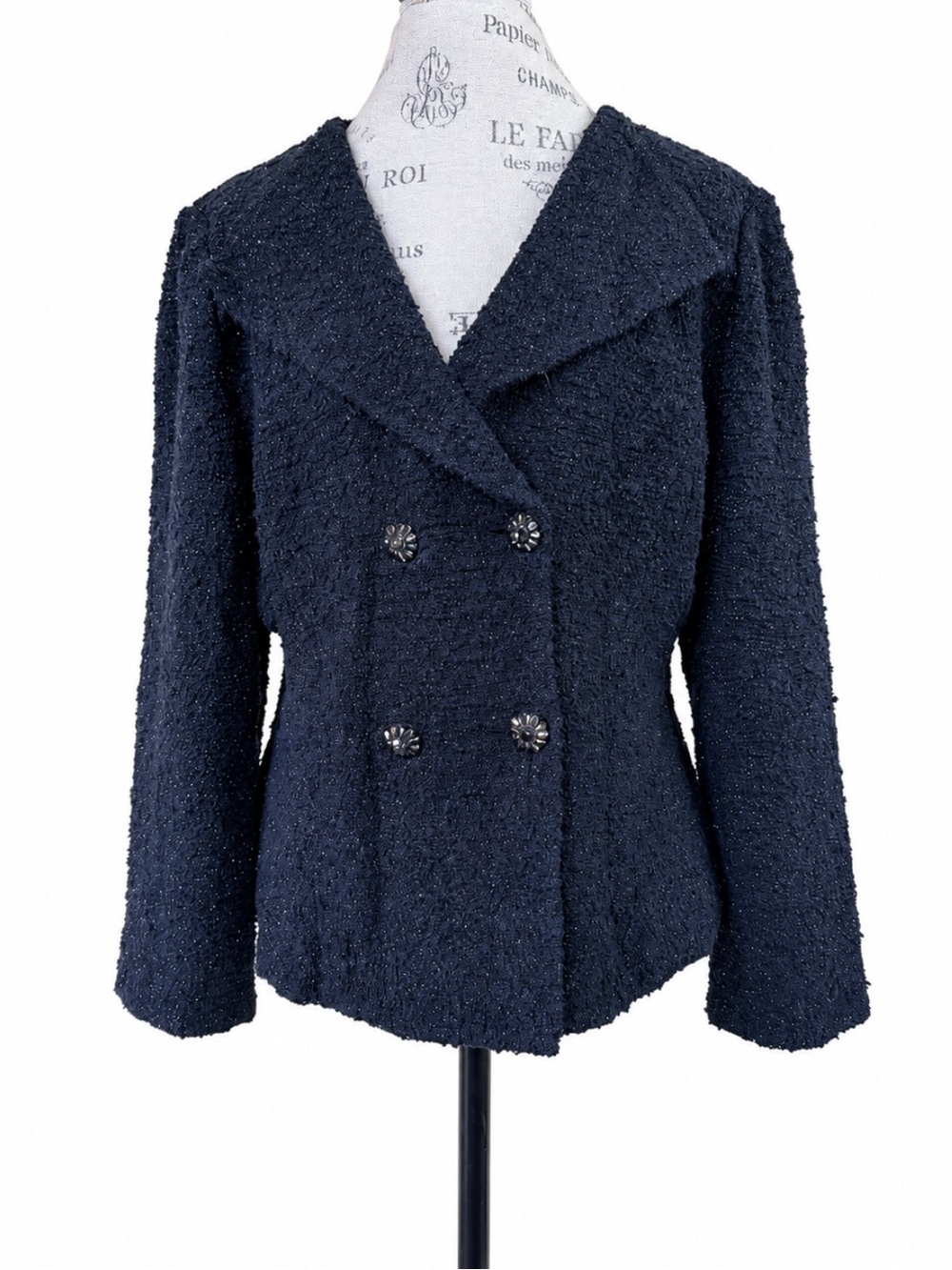 St. John Blue Gray Metallic Bouclé Knit Blazer Jacket Jeweled Buttons Sz 16 EUC!